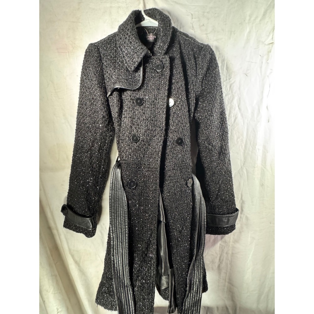 Victoria's Secret Black Boucle Metallic Trench Coat Faux Leather Trim Small